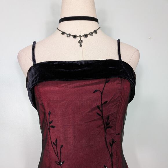 Vintage Nightway Prom Dress Maxi Gown 6 Red Black 90S Y2K Goth Floral Velvet - Picture 5 of 11
